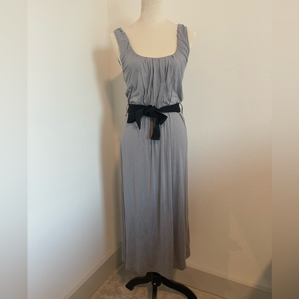 H&M gray dress with pleating and ribbon belt